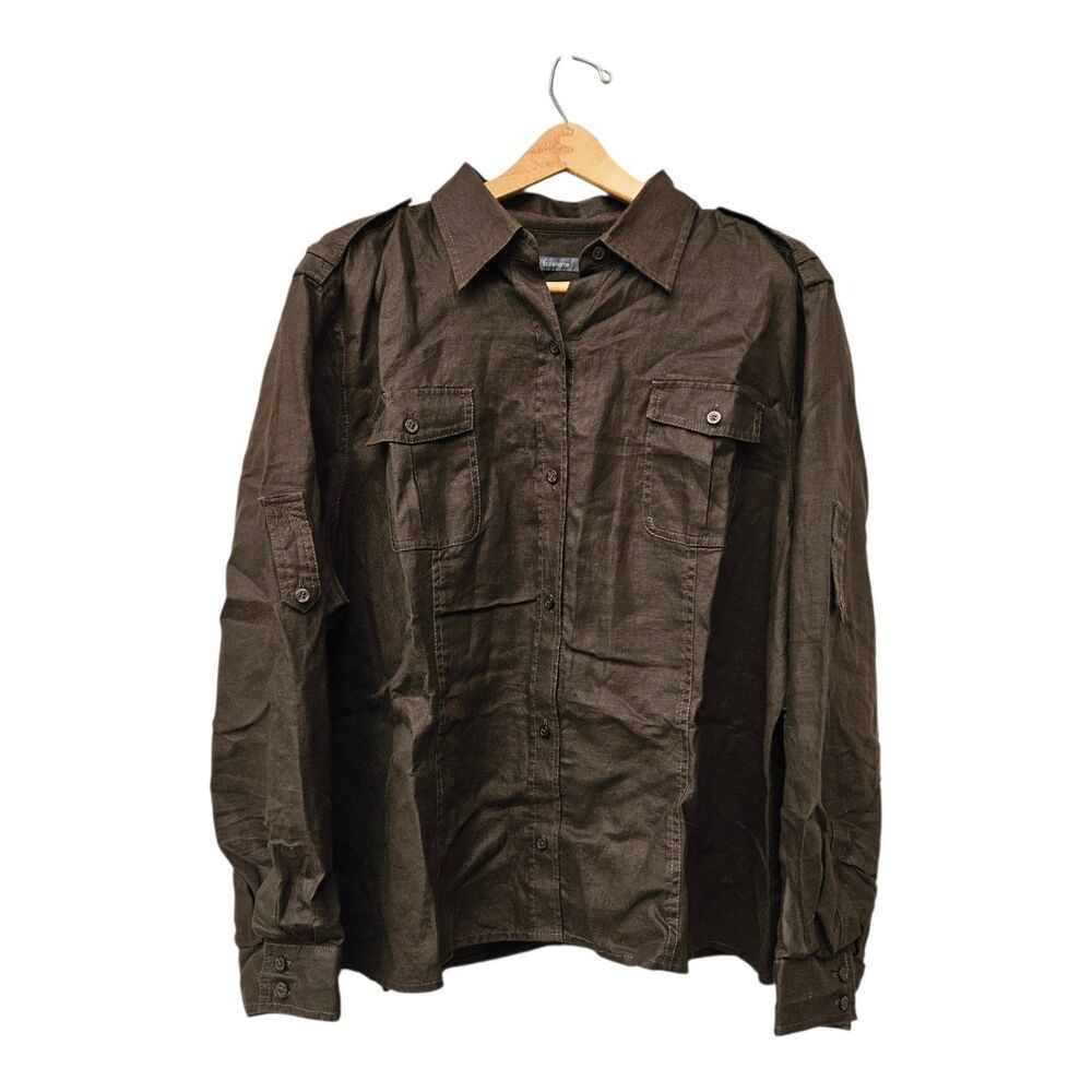 Womans 3X Dark Brown Linen Button Up Shirt Neutral Preppy Classic Quiet Luxury